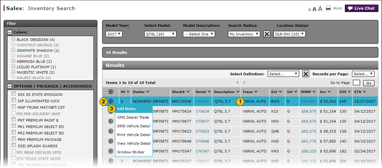 Inventory Search page - manage notes